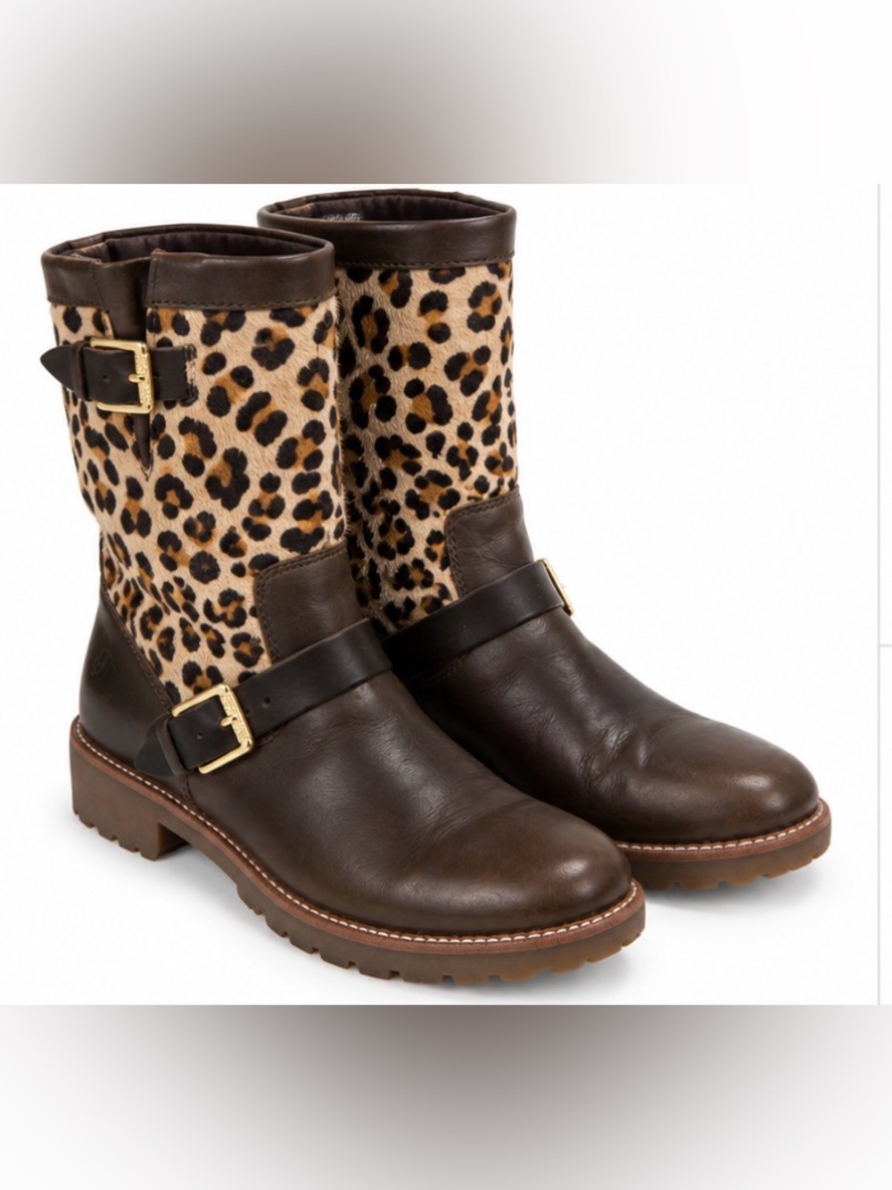 Sperry Leopard Haircalf Leather Boots Brown Gold Buckle Size 7 ankle boots
